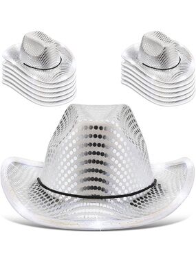 Tiscancy Silver Sequin LED Cowboy Hat with Black Band